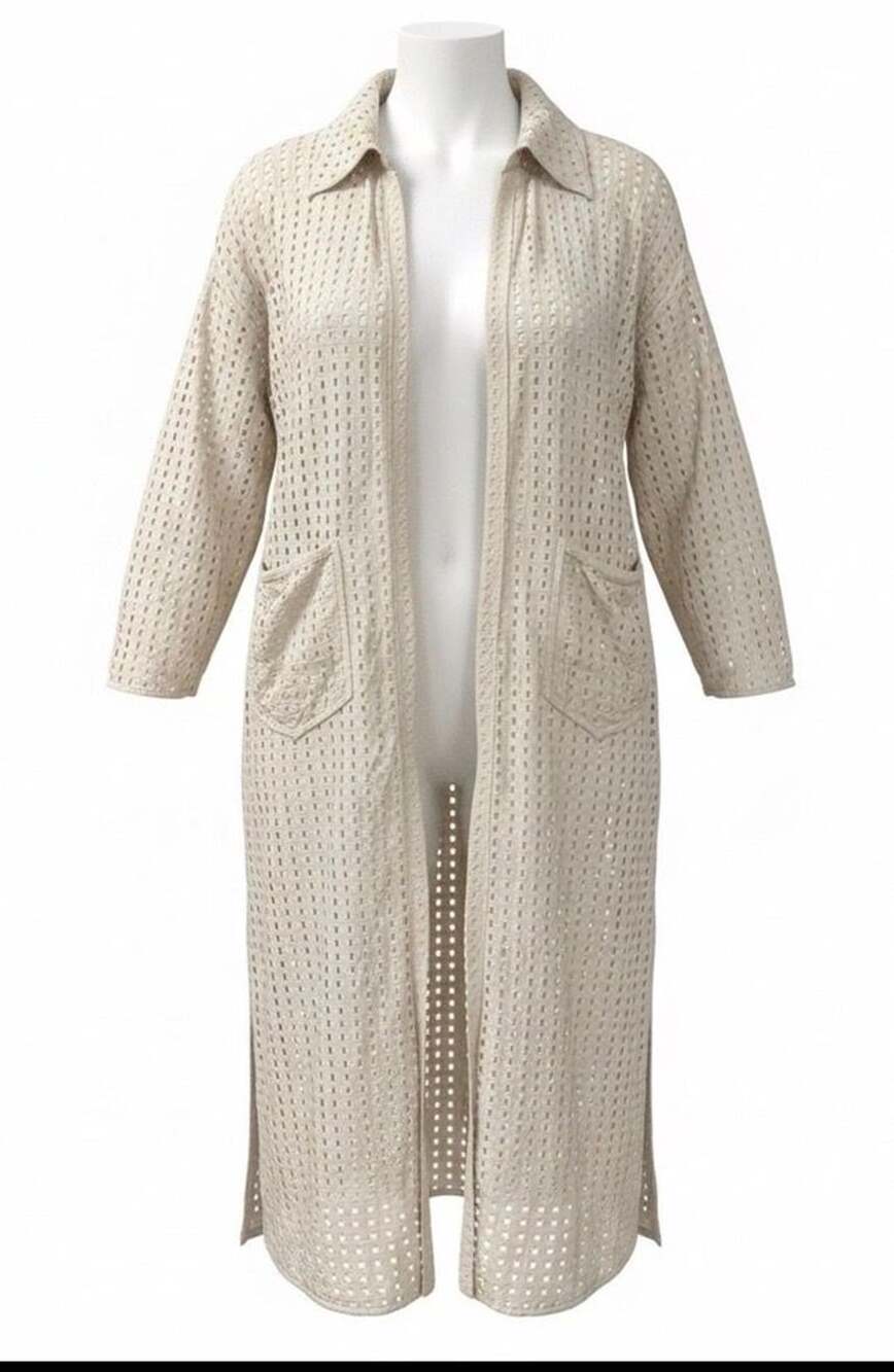 By Anthropologie Collared Eyelet Duster One Size Beige Open Front Cardigan